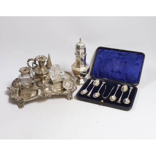 885 - A Victorian silver inkstand, with two mounted glass wells and removeable taper stick, Henry Wilkinso... 