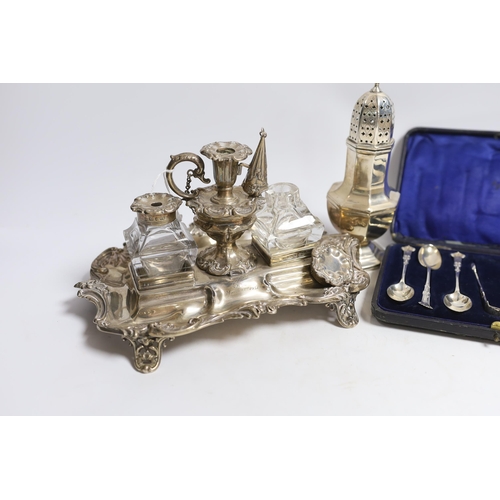 885 - A Victorian silver inkstand, with two mounted glass wells and removeable taper stick, Henry Wilkinso... 