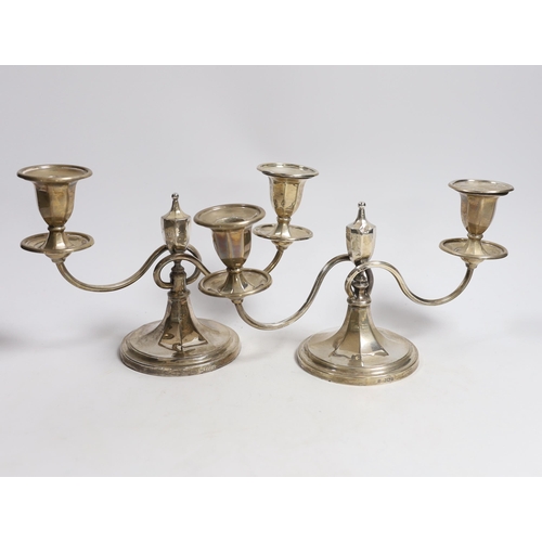 886 - A pair of Edwardian silver two branch, two light dwarf candelabra, Fordham & Faulkner, Sheffield, 19... 