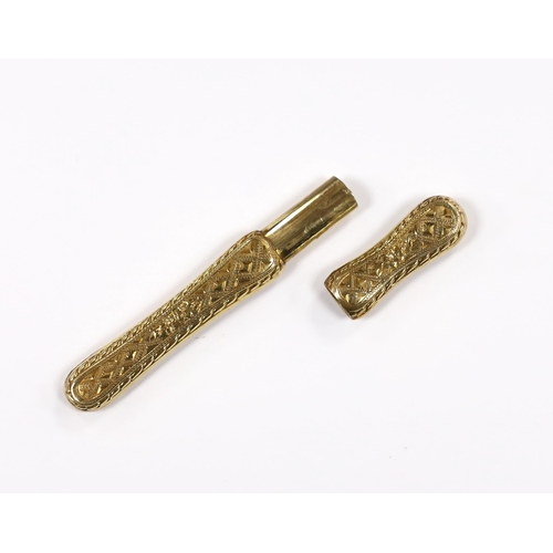 900 - A  French engraved yellow metal (18ct poincon mark) needle case, 60mm, 2.9grams.