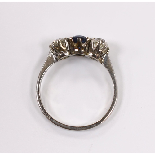 904 - An early to mid 20th century white metal (stamped plat), single stone sapphire and two stone diamond... 