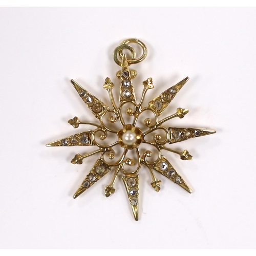 919 - A yellow metal, rose cut diamond and seed pearl set starburst pendant, 27mm, gross weight 1.9 grams.... 