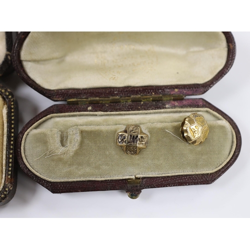 934 - A pair of 9ct gold oval cufflinks, each engraved with a yacht, 5.8 grams, together with two yellow m... 