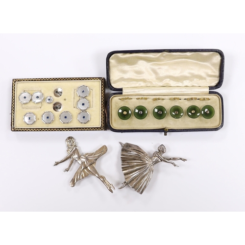 935 - Two silver ballerina brooches, largest 7cm and two cased dress stud set including sterling and mothe... 