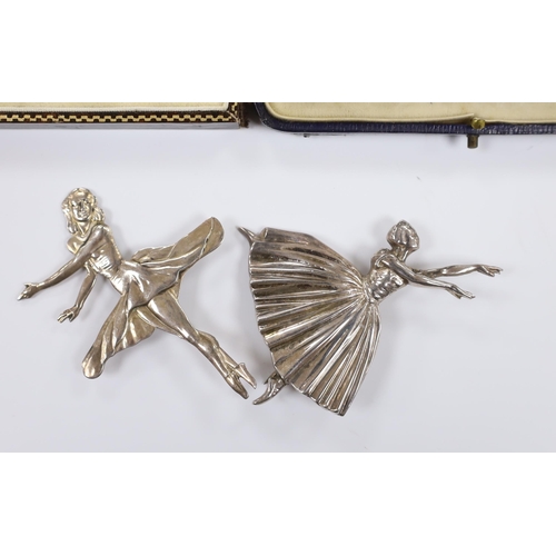 935 - Two silver ballerina brooches, largest 7cm and two cased dress stud set including sterling and mothe... 