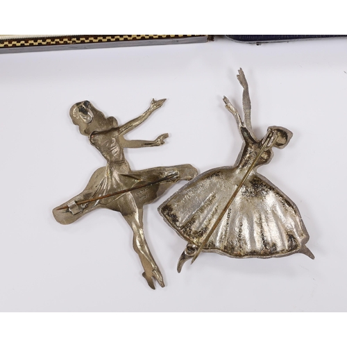 935 - Two silver ballerina brooches, largest 7cm and two cased dress stud set including sterling and mothe... 