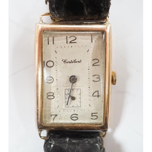 955 - A gentleman's 1930's 9ct gold Cortebert manual wind rectangular dial wrist watch, on a leather strap... 