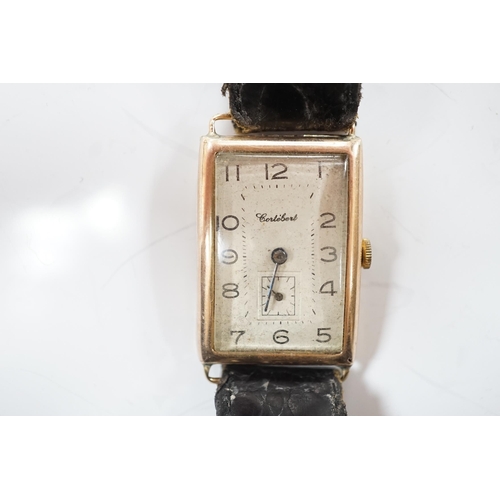 955 - A gentleman's 1930's 9ct gold Cortebert manual wind rectangular dial wrist watch, on a leather strap... 