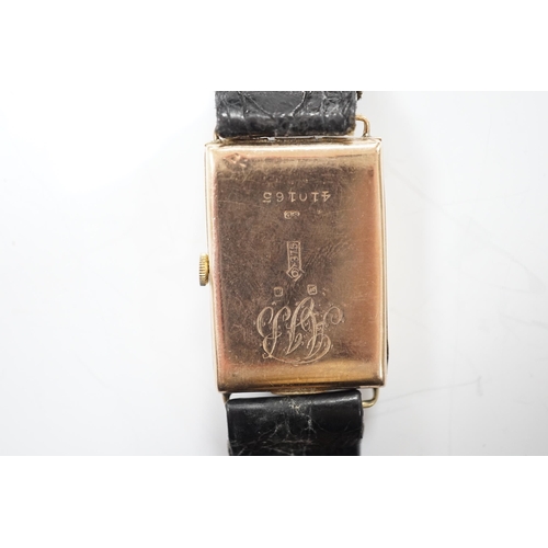 955 - A gentleman's 1930's 9ct gold Cortebert manual wind rectangular dial wrist watch, on a leather strap... 