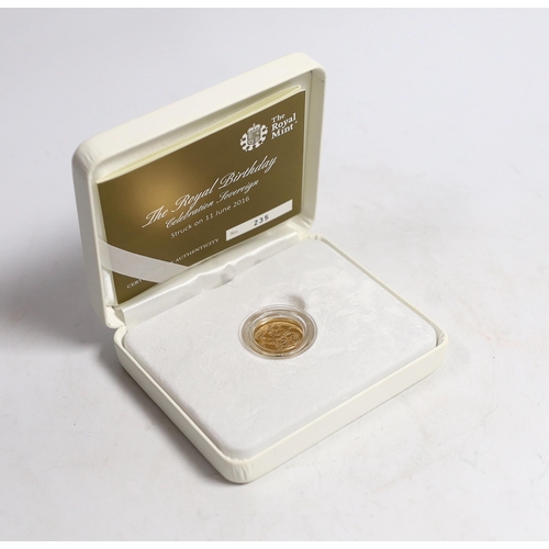 962 - Royal Mint, The Royal Birthday Celebration gold sovereign, 2016, cased.