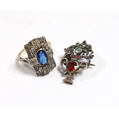 966 - A 1920's? yellow and white metal, two colour paste cluster set dress ring and a similar white metal ... 