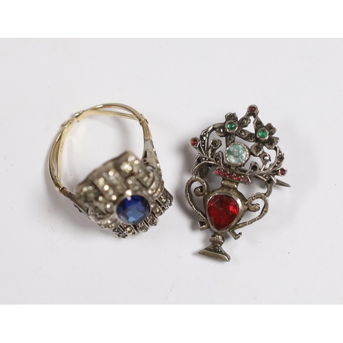 966 - A 1920's? yellow and white metal, two colour paste cluster set dress ring and a similar white metal ... 