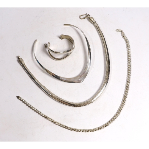 967 - A large continental white metal snake link necklace, 44cm, a silver chain, a silver crossover bracel... 