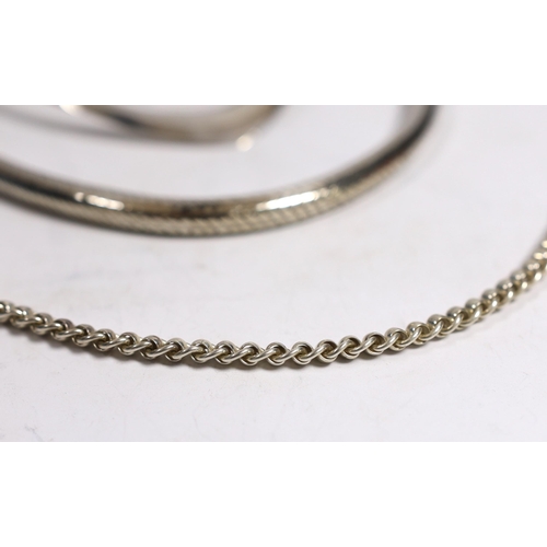 967 - A large continental white metal snake link necklace, 44cm, a silver chain, a silver crossover bracel... 