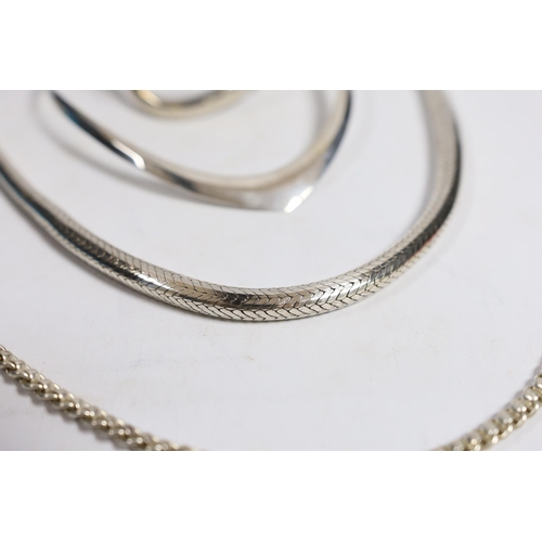 967 - A large continental white metal snake link necklace, 44cm, a silver chain, a silver crossover bracel... 