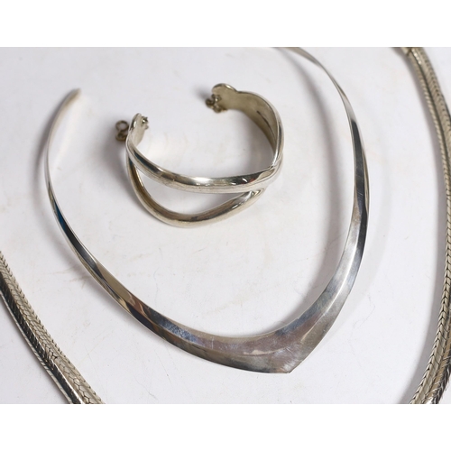 967 - A large continental white metal snake link necklace, 44cm, a silver chain, a silver crossover bracel... 