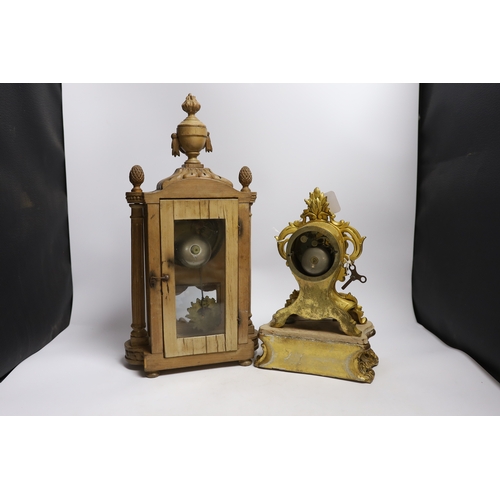 440 - A late 19th century French carved blonde wood mantel clock and similar gilt metal mantel clock. Tall... 