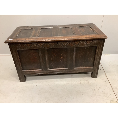 1001 - An 18th century panelled oak coffer, width 118cm, depth 54cm, height 66cm