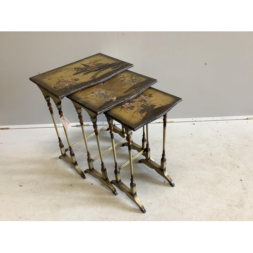 1005 - A nest of three chinoiserie lacquer tea tables, width 48cm, depth 33cm, height 60cm