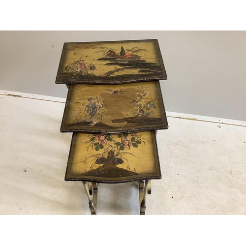 1005 - A nest of three chinoiserie lacquer tea tables, width 48cm, depth 33cm, height 60cm