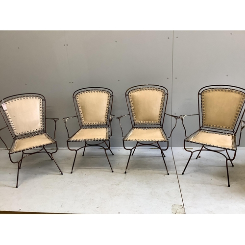 1015 - A set of four mid century wrought iron chairs, width 60cm, depth 50cm, height 84cm