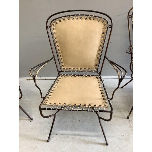 1015 - A set of four mid century wrought iron chairs, width 60cm, depth 50cm, height 84cm