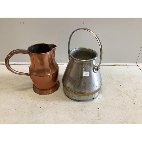 1016 - A large Victorian copper jug and an aluminium dairy bucket, larger height 40cm