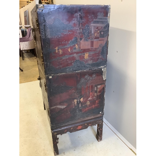 1020 - A Chinese lacquered two section cabinet on stand, width 84cm, depth 51cm, height 128cm