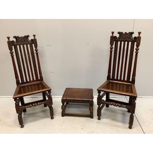 1026 - A pair of 17th century style carved oak chairs and a small stool