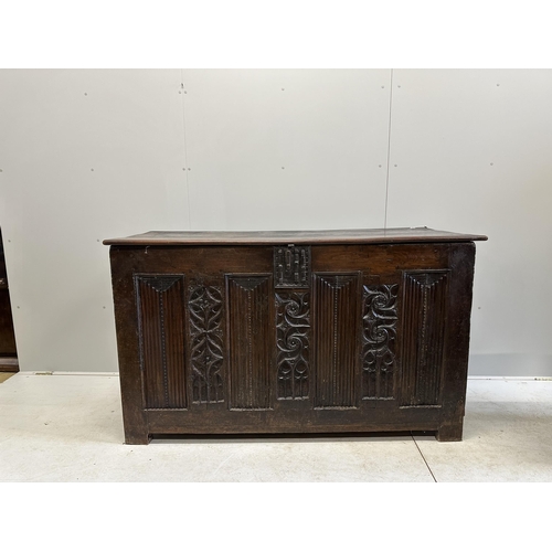 1032 - A 16th century French oak coffer, width 162cm, depth 66cm, height 96cm, top loose