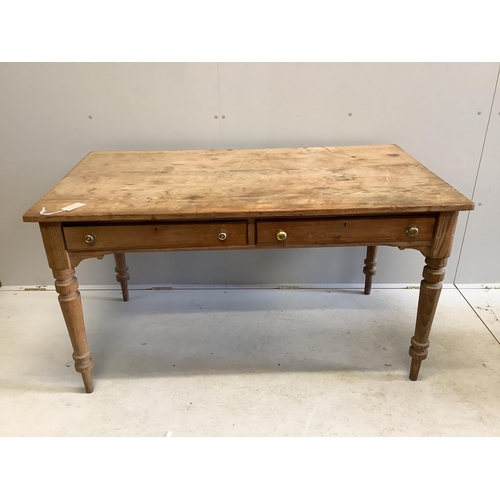 1035 - A Victorian pitch pine two drawer rectangular kitchen table, width 137cm, depth 75cm, height 76cm... 