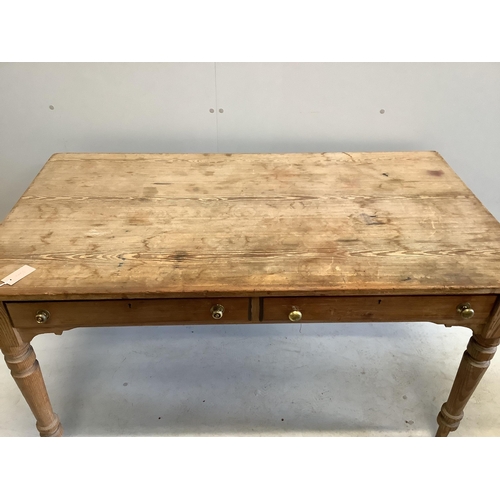 1035 - A Victorian pitch pine two drawer rectangular kitchen table, width 137cm, depth 75cm, height 76cm... 