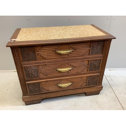 1038 - A French Art Deco carved oak three drawer chest with simulated marble top, width 105cm, depth 63cm, ... 