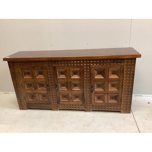 1044 - A Spanish walnut and fruitwood sideboard, width 172cm, depth 43cm, height 84cm