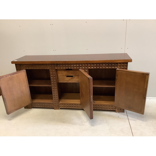 1044 - A Spanish walnut and fruitwood sideboard, width 172cm, depth 43cm, height 84cm