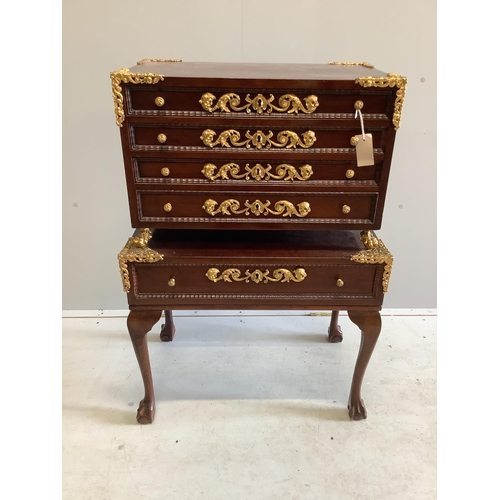 1046 - A Continental gilt metal mounted mahogany and beech canteen chest on stand, width 66cm, depth 41cm, ... 