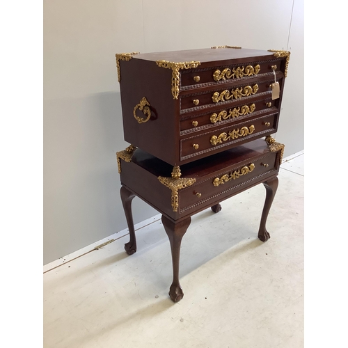 1046 - A Continental gilt metal mounted mahogany and beech canteen chest on stand, width 66cm, depth 41cm, ... 