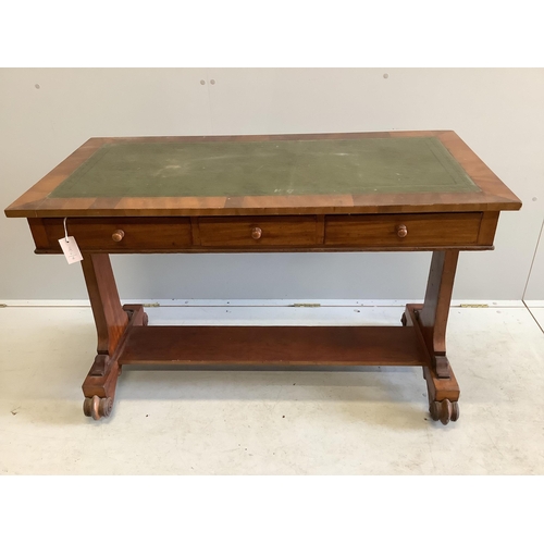 1047 - A Victorian rectangular mahogany two drawer writing table, with leather inset top, width 116cm, dept... 