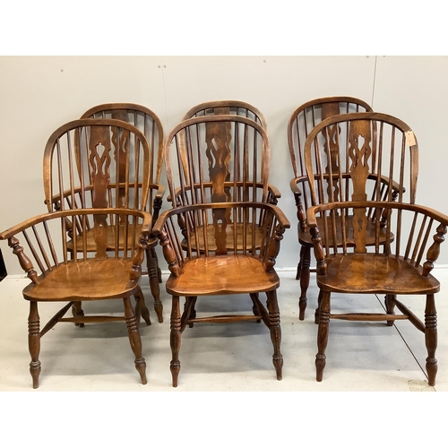 1049 - A set of six 19th century ash and elm Windsor armchairs with H stretchers and later leatherette squa... 