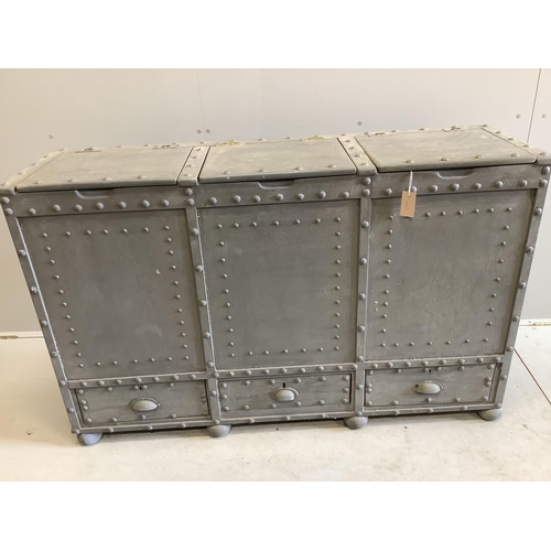 1051 - A painted faux iron studded triple hinged top trunk, width 144cm, depth 41cm, height 92cm