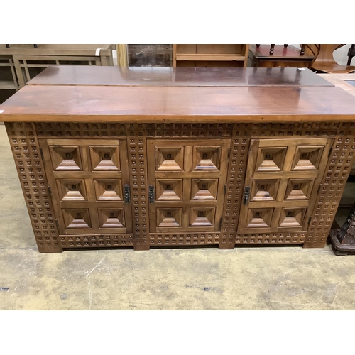 1052 - A Spanish walnut and fruitwood sideboard, width 171cm, depth 43cm, height 84cm