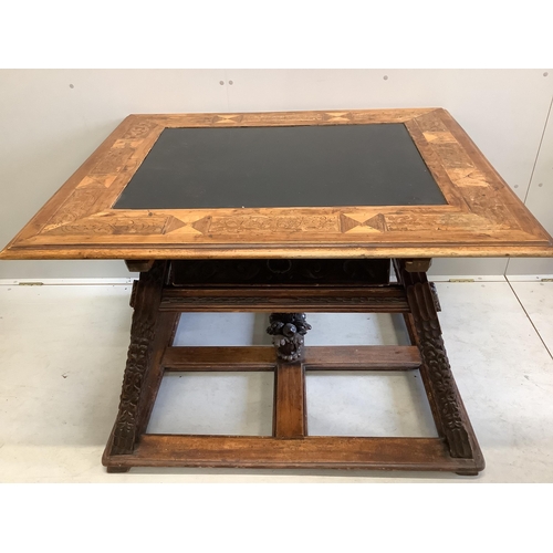 1054 - An Italian marquetry inlaid rectangular walnut slate top centre table, width 123cm, depth 104cm, hei... 