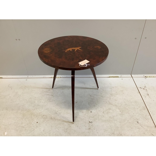 1059 - An inlaid burr walnut circular occasional table in the manner of Rhullman, diameter 52cm, height 53c... 