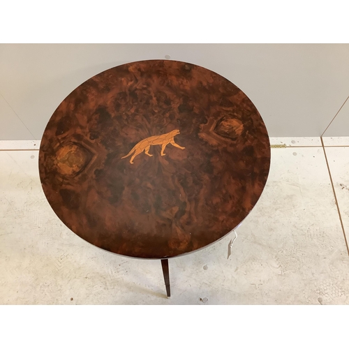 1059 - An inlaid burr walnut circular occasional table in the manner of Rhullman, diameter 52cm, height 53c... 