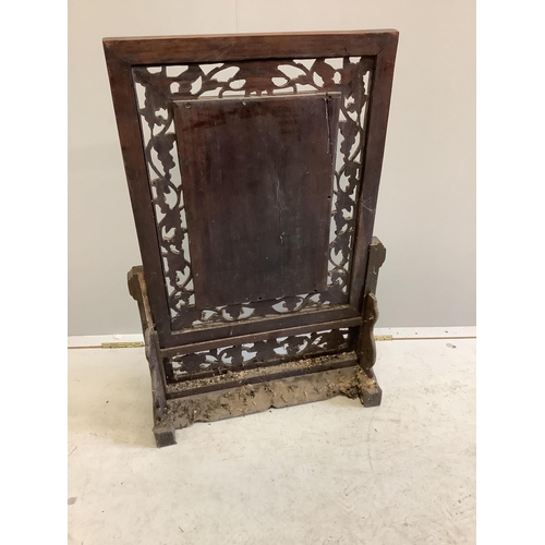 1065 - A Chinese Republic carved hardwood table screen, inset porcelain panel, width 53cm, height 79cm... 