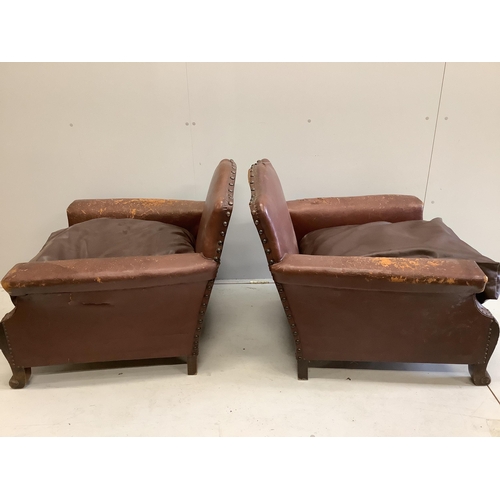 1066 - A pair of early 20th century French brown leather studded club chairs, width 84cm, depth 84cm, heigh... 