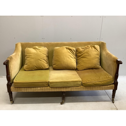 1071 - A George IV upholstered mahogany settee, width 164cm, depth 79cm, height 86cm (a/f)