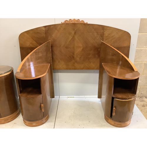 1082 - An Art Deco curved walnut dressing table, width 160cm, depth 106cm, height 156cm together with a mat... 