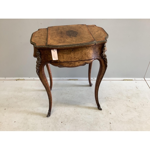 1089 - A Victorian gilt metal mounted tulip banded burr walnut enclosed dressing table/work box, width 56cm... 