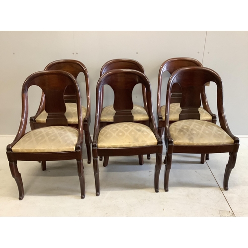 1091 - A set of six French Empire style mahogany dining chairs, width 49cm, depth 38cm, height 86cm